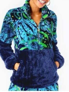 Lilly Pulitzer Keala Sherpa Popover Low Tide Navy Catty Purrsonality Medium